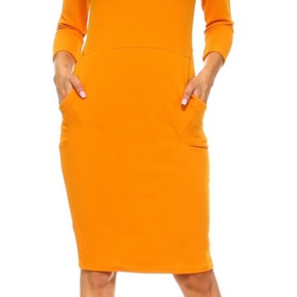 Kangaroo Pockets Solid Red Bodycon Midi Dress Casual Church Office 7/8 Sleeves - Picture 3 of 5